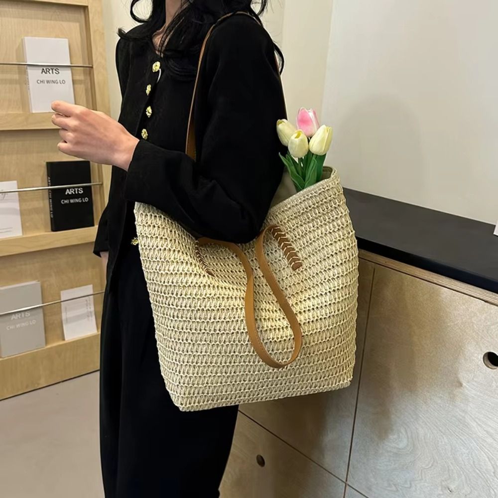 Simple Solid Color Weave Straw - Tote Bag Beach 评论和价格