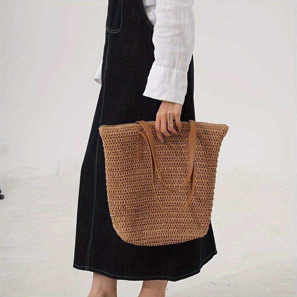 Simple Solid Color Weave Straw - Tote Bag Beach 评论和价格
