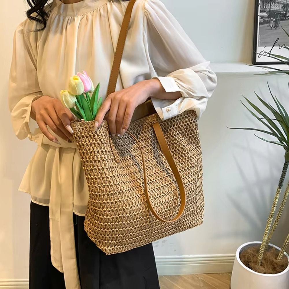 Simple Solid Color Weave Straw - Tote Bag Beach 评论和价格