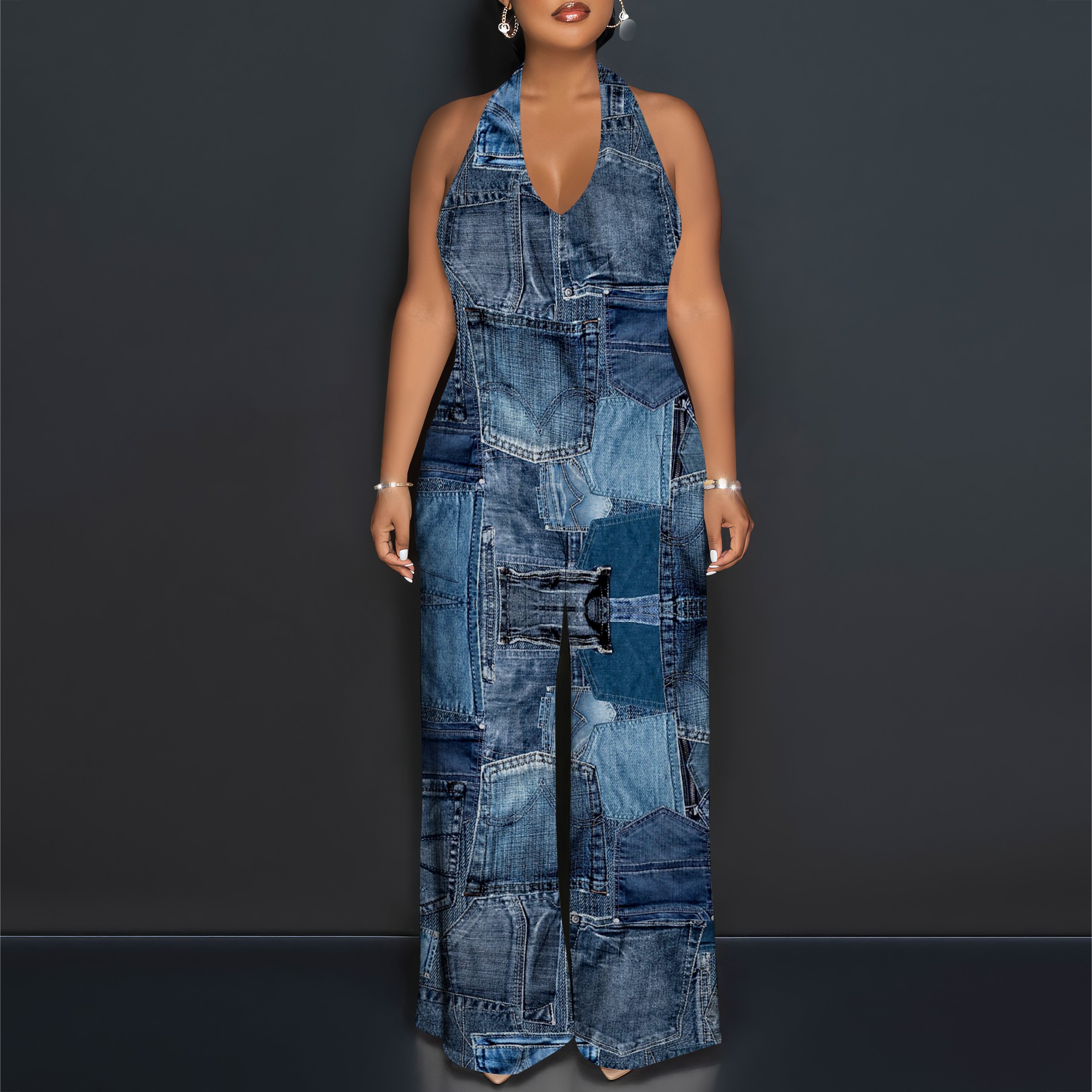 Denim Patchwork Halter V-Neck  - Maxi Dress Halter 评论和价格