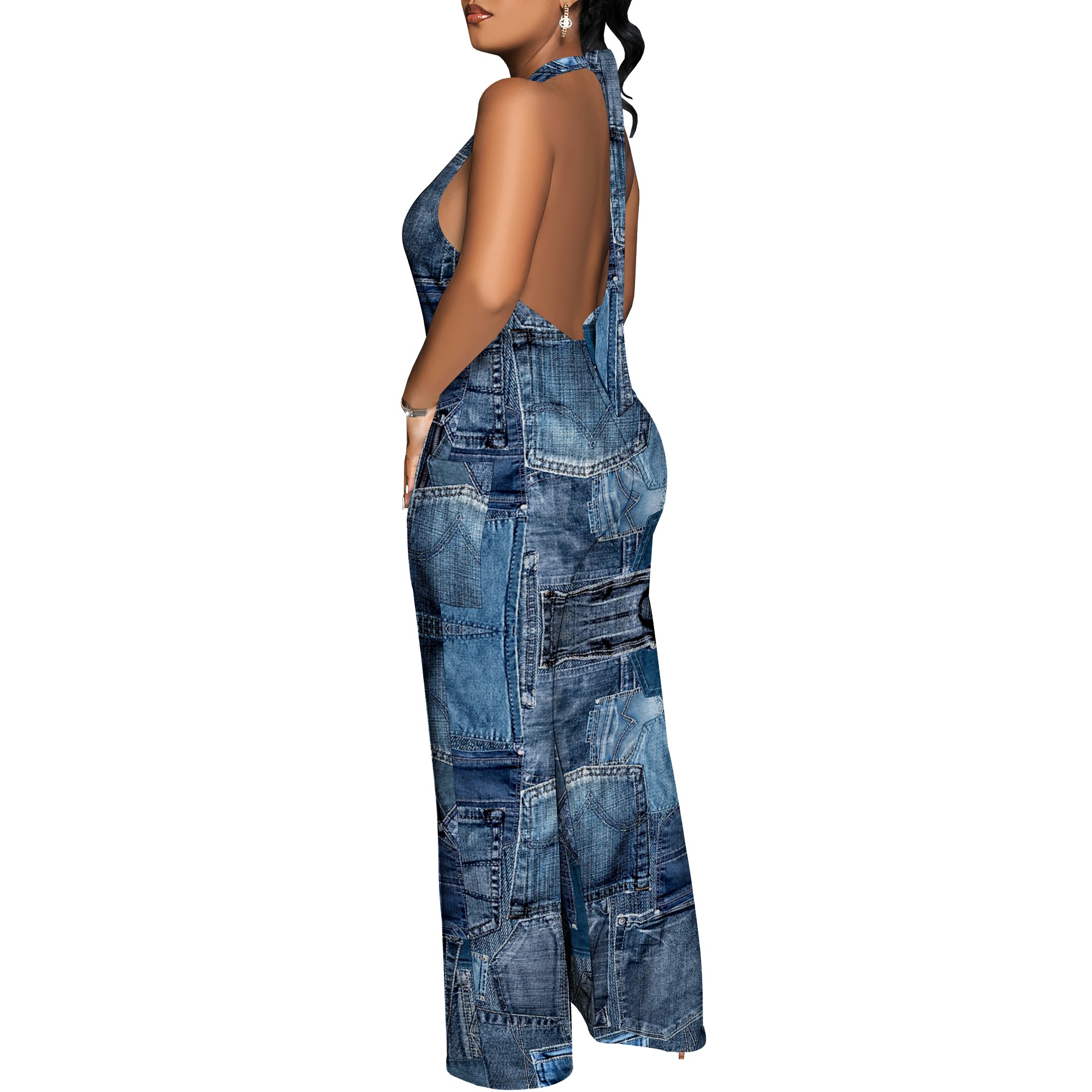 Denim Patchwork Halter V-Neck  - Maxi Dress Halter 评论和价格
