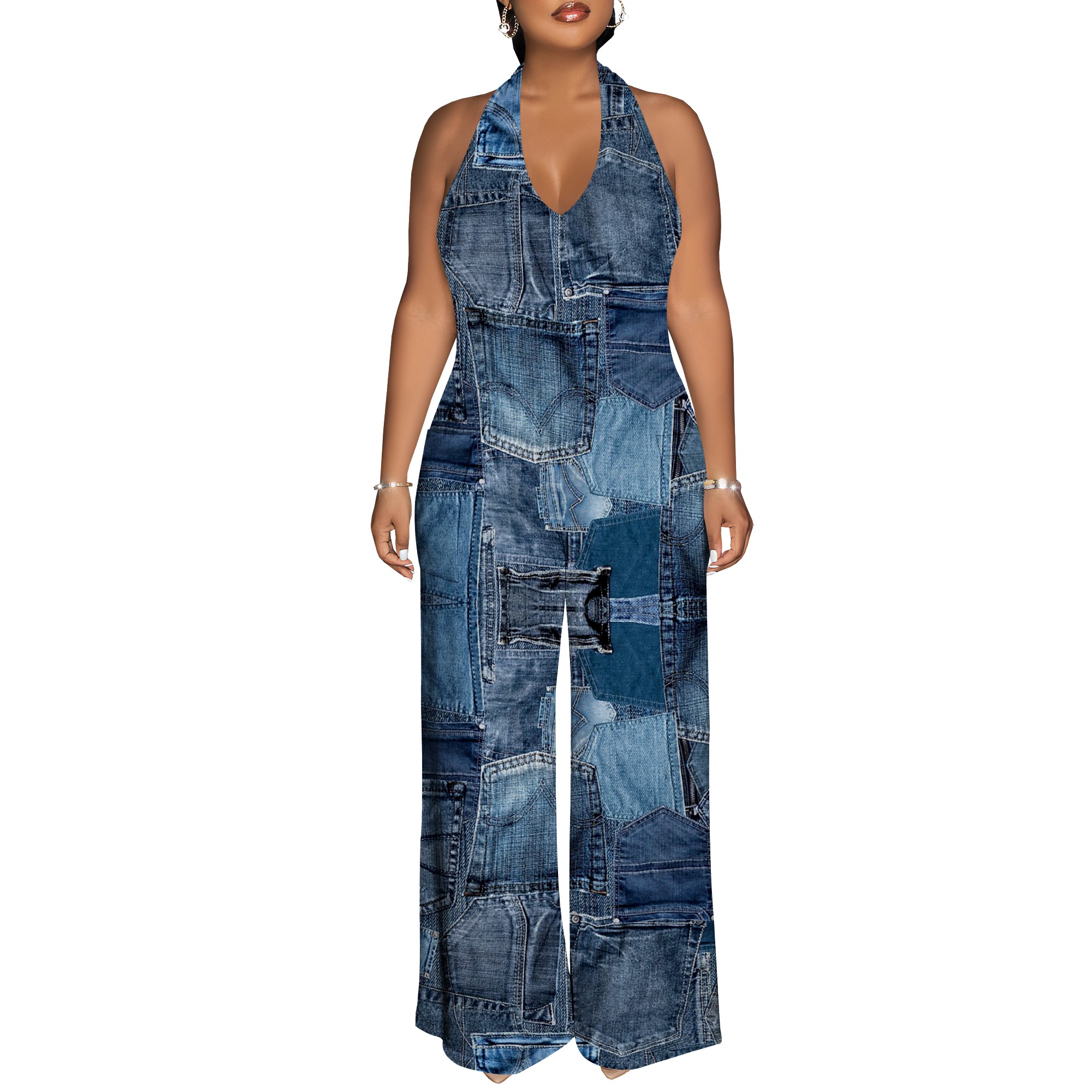 Denim Patchwork Halter V-Neck  - Maxi Dress Halter 评论和价格