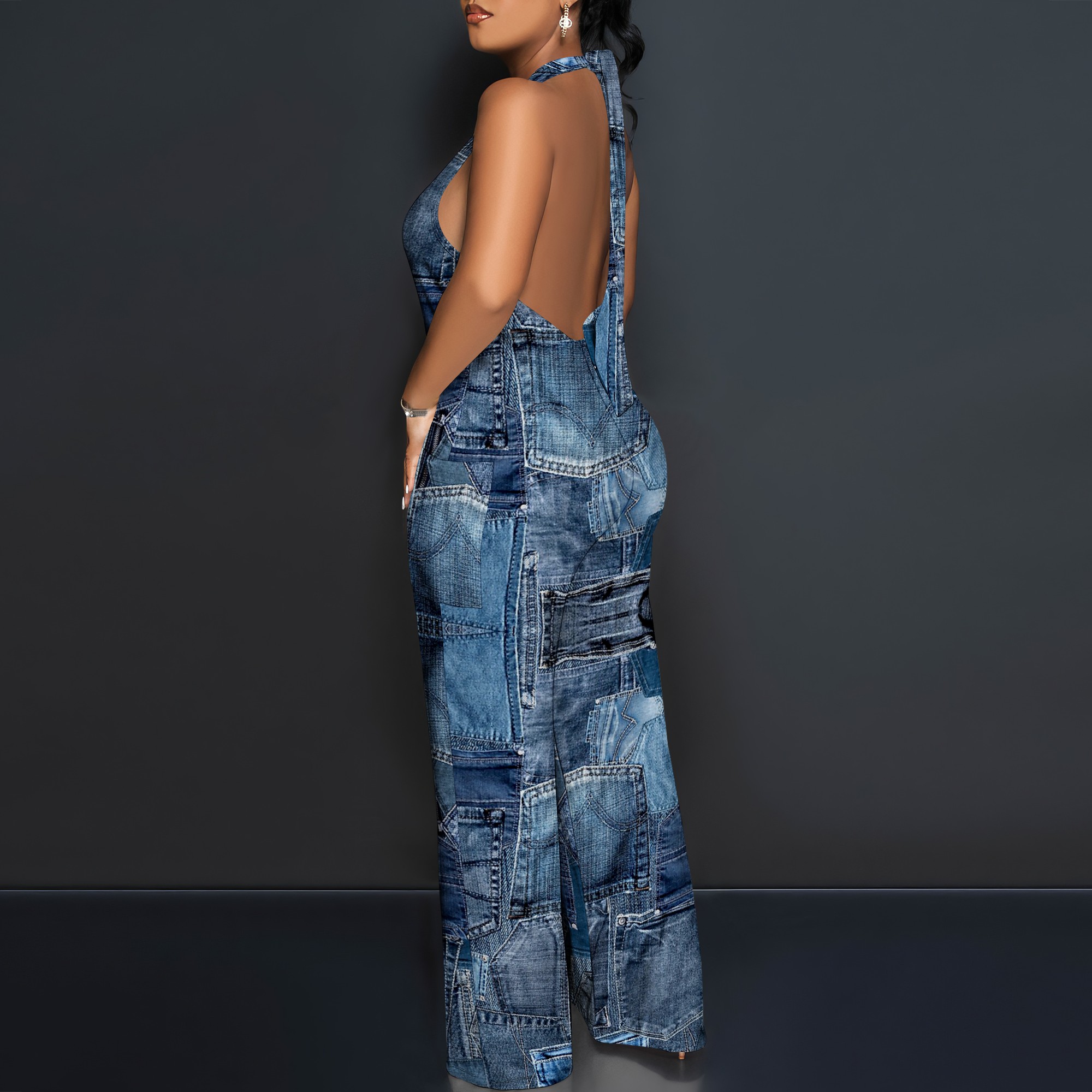 Denim Patchwork Halter V-Neck  - Maxi Dress Halter 评论和价格