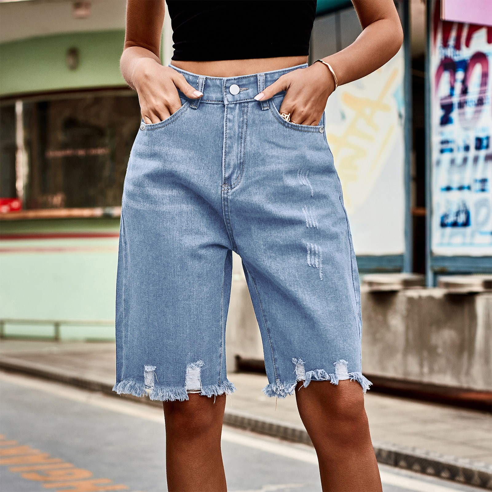 Summer Women's Clothing Distre - Shorts Denim Frayed 评论和价格