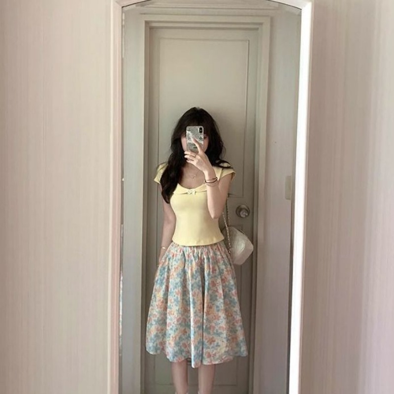 Women 2 Piece Set Bow Top And  - Midi Skirt Floral 评论和价格
