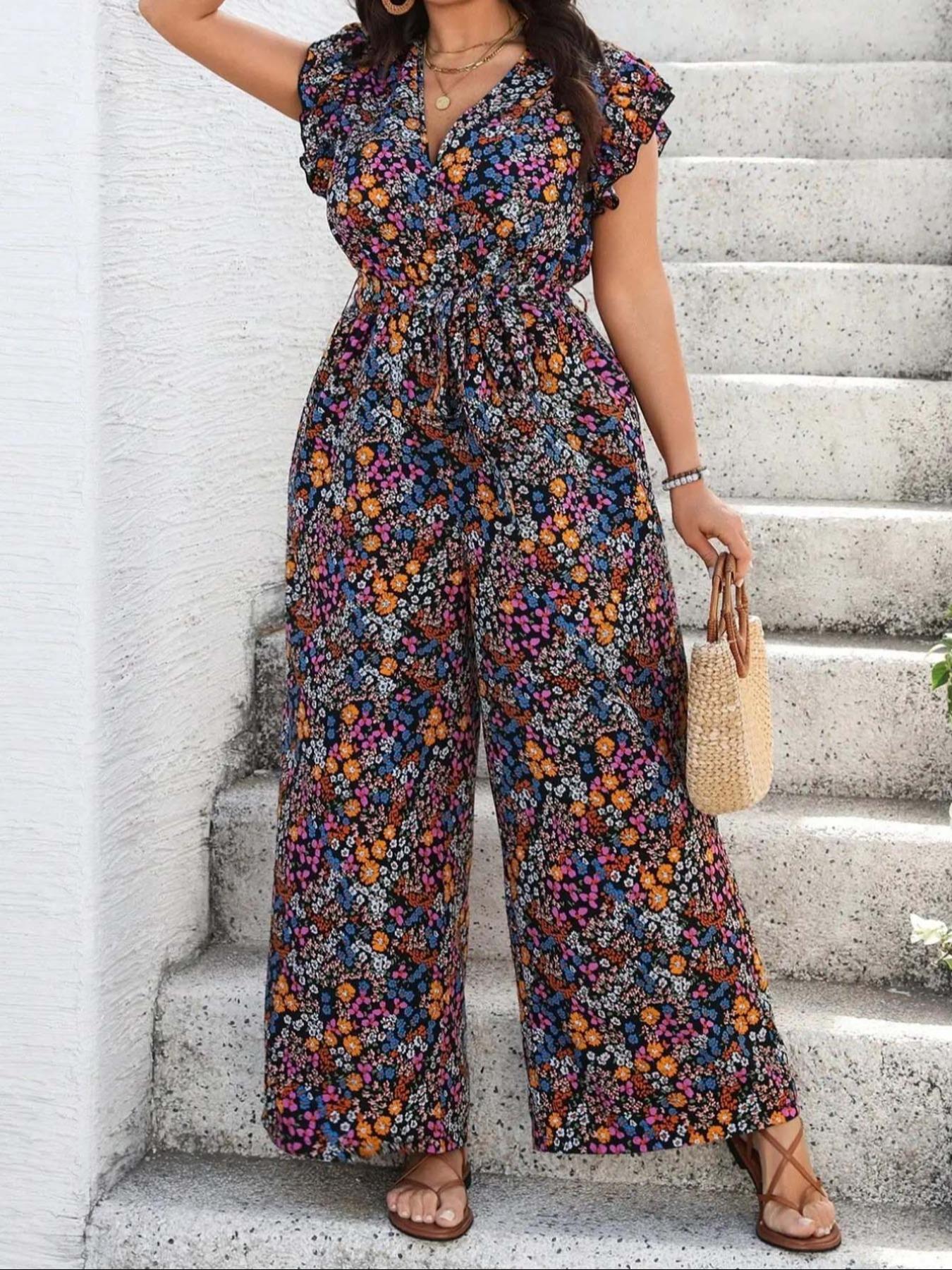 【Plus Size】 Floral Print Tie S - Romper Floral Print 评论和价格