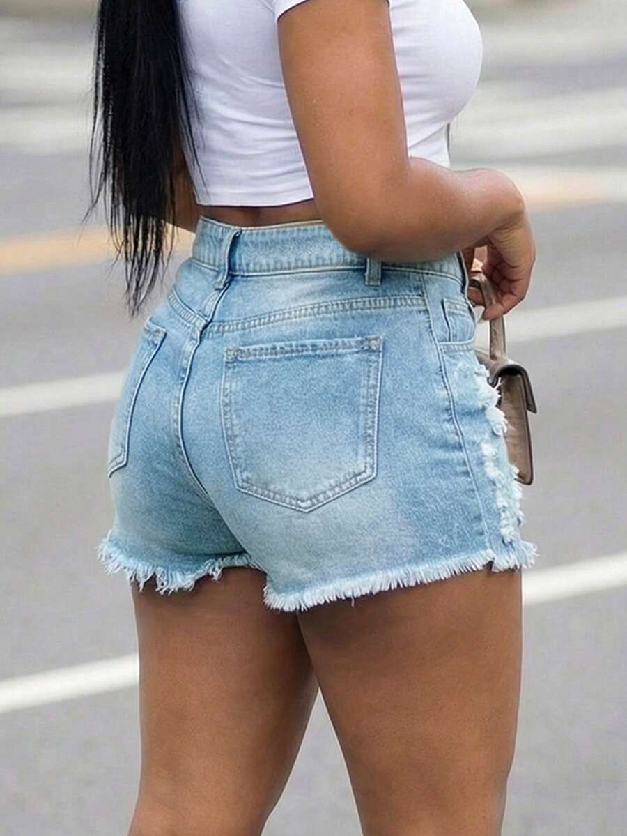 Women High Waist Denim Shorts  - Shorts Denim Frayed 评论和价格