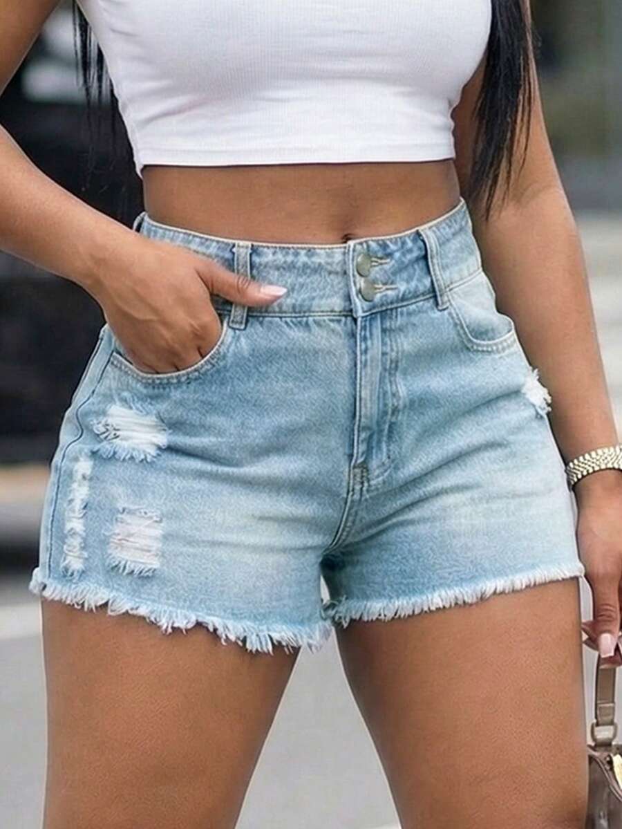 Women High Waist Denim Shorts  - Shorts Denim Frayed 评论和价格