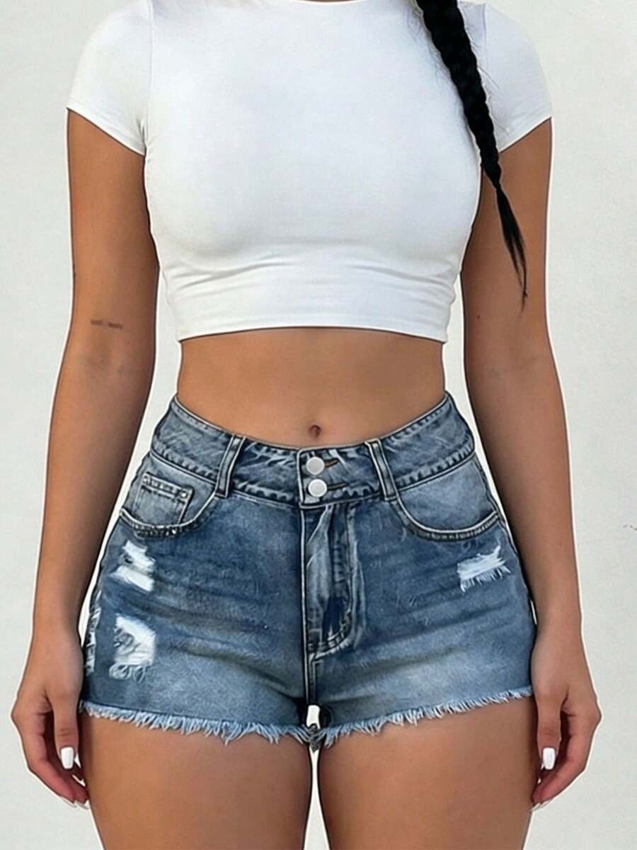 Mid-Rise Womens Denim Shorts W - Shorts Denim Frayed 评论和价格