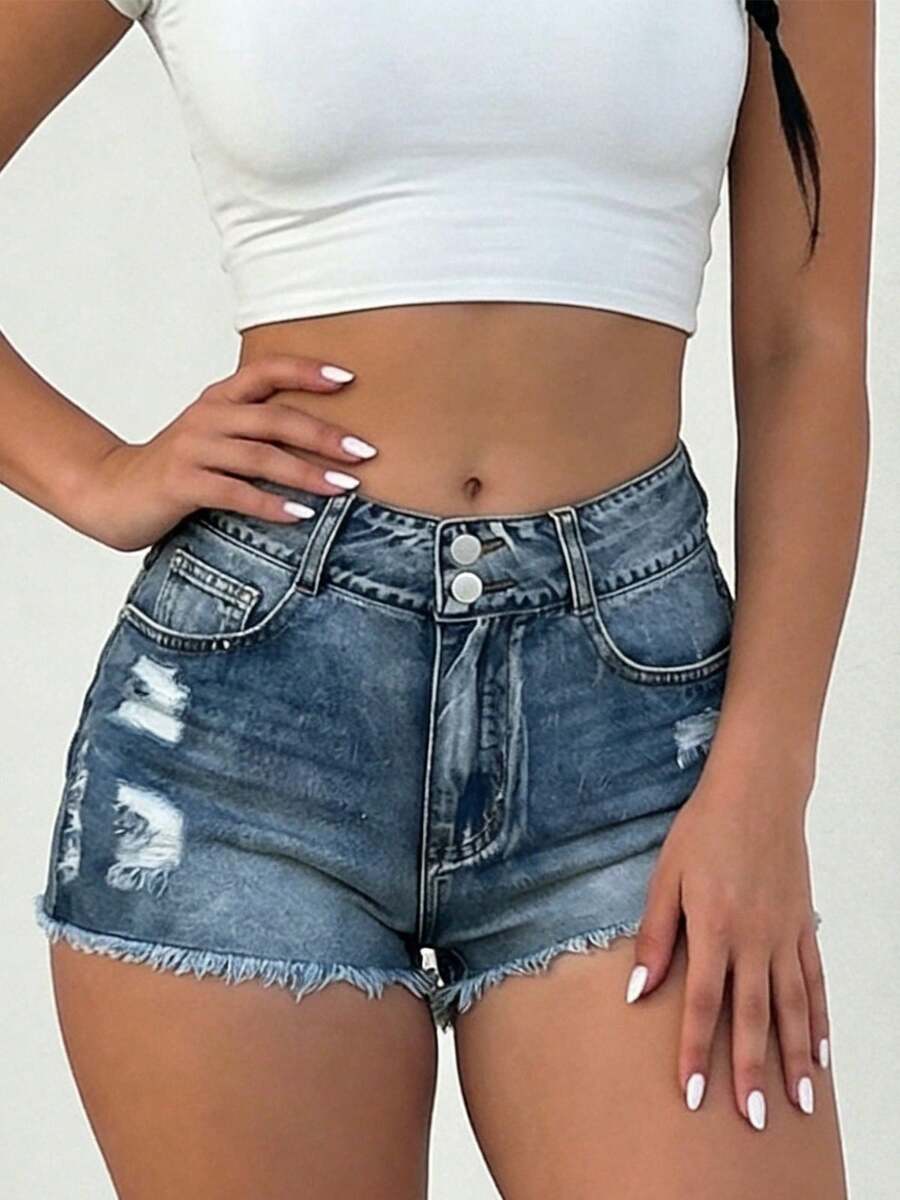 Mid-Rise Womens Denim Shorts W - Shorts Denim Frayed 评论和价格