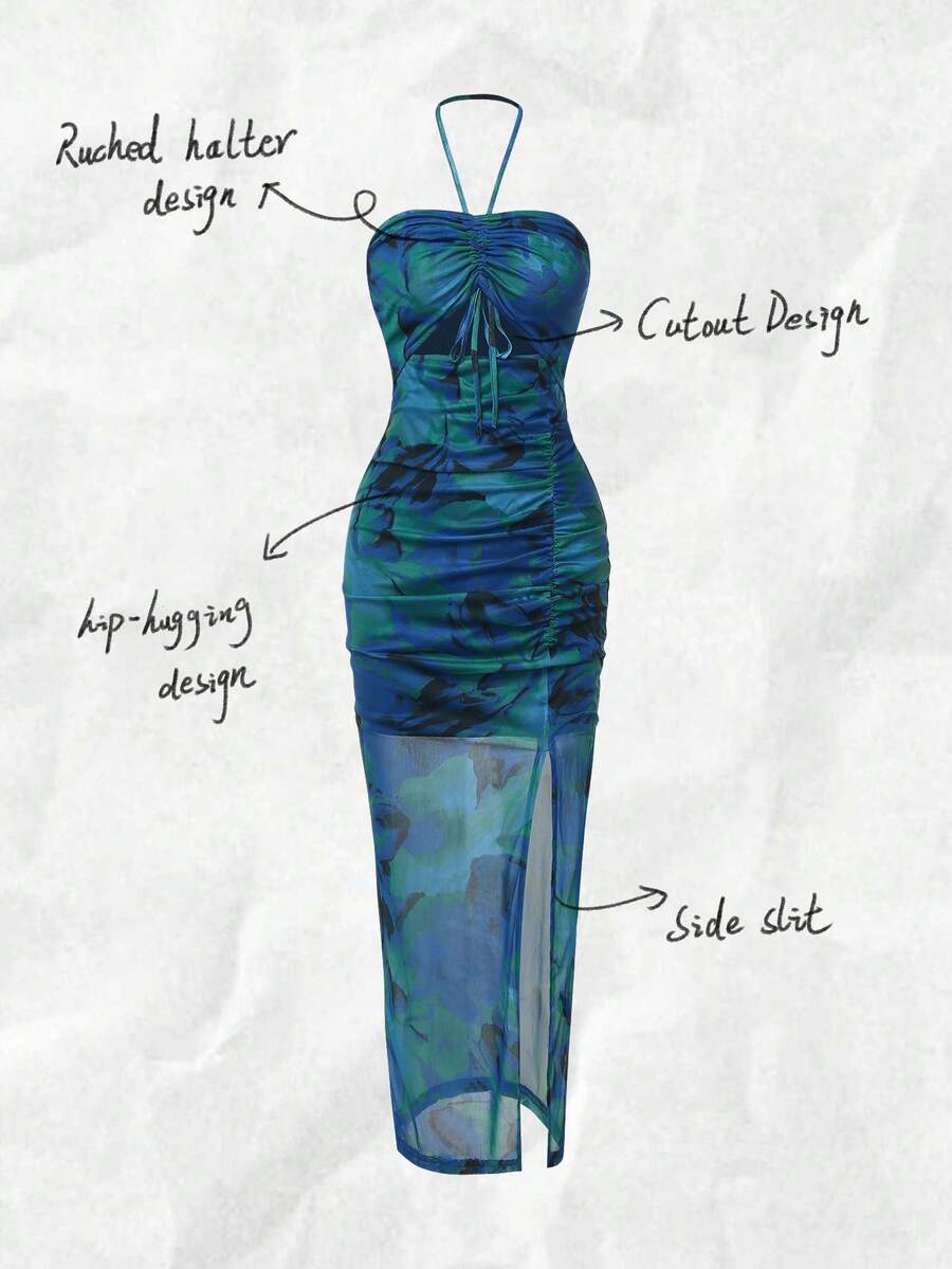 Halter Neck Pleated Mesh Print - Maxi Dress Halter 评论和价格